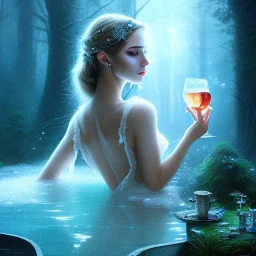 romantic fantasy spray painting, girl with delicate hand in ice water, goblet, eye patch, magical winding forest with ruins