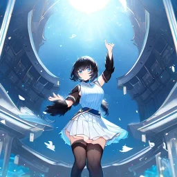 Clear focus,High resolution, Black short fluffy hair, and blue eyes, wearing a light blue sleeveless shirt with vertical stripes, black cut sleeves, wearing long black boots, wearing a white short skirt