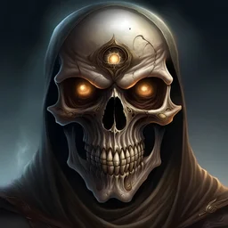 fantasy art, sorcerer, noble, skull mask with one open eye