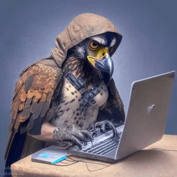 falcon as a hacker using the computer with human hands