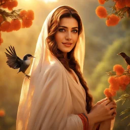 Hyper Realistic close-up-view of a Beautiful-Young-Happy-Pashto-Woman-with-beautiful-eyes-smiling-with-a-bird-on-his-hand with white-dress-&-orange-shawl & breeze-whirling in a jungle-with-tall-trees & cloudy-sunset-&-sun-rays showing dramatic & cinematic ambiance