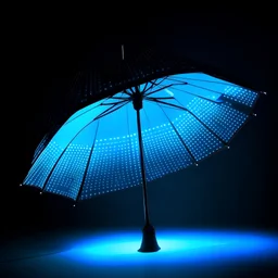 Create a product photo of a futuristic umbrella that has the shape of an ufo, can be folded, has 12 poles, glows blue in the dark, has a simple handle with a flashlight and led lights and a cell phone on the pole under the umbrella