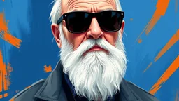 digital painting, A close-up portrait of an elderly Caucasian man with a long white beard, wearing large black sunglasses against a blue and orange abstract background, bold and slim lines, brush strokes