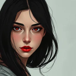 A digital illustration shoot from a portrait camera angle about a portrait of a young woman with striking features. In the middle of the image, a 20 years old woman, an orc, appears to be looking at the viewer lost in thought. she has long black hair, red eyes, and is her face is painted with red lipstick and has a small mark on her cheek. the background is a sof