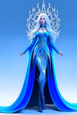 Full body de hermosa y malvada reina del hielo, pelo blanco, ojos azules luminosos, vestimenta intrincada, hiperdetallada, calidad ultra, increíble obra de arte, full body, piernas completas, pies completos