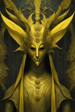 the king in yellow wearing the pallid mask, highly detailed digital concept art in the style of enki bilal lord of the rings William Morris art deco dante Gabriel rosetti, 4k, raster electron microscope, beksinski giger scorn, primordial statues, dystopian