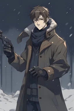 Man dressed in cold clothing, holding a Glock and pointing it forward, is alone in a cold place, in that place it is snowing, He wears a long black scarf and has short brown hair, anime style