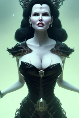 Geena Davis as evil queen in black leather gown, evil, busty, cleavage, curvy, angry, stern look. character design by cory loftis, fenghua zhong, ryohei hase, ismail inceoglu and ruan jia. unreal engine 5, artistic lighting, highly detailed, photorealistic, fantasy