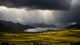 Mountainous landscape on Kerguelen island, dramatic sunlight, storm, inhospitable, wild, chiaroscuro, beautiful composition