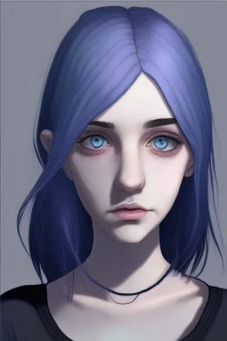 Realistic female teenager with pale skin, big grey eyes, blue and purple shoulder length hair, angular facial features, round face, prominent collarbones, black clothing