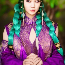 beautiful asian queen with purple armor, delicate cyan braided hair, green glass eyes, white flowing dress, highly detailed, 8k, ambient light, taylor swift