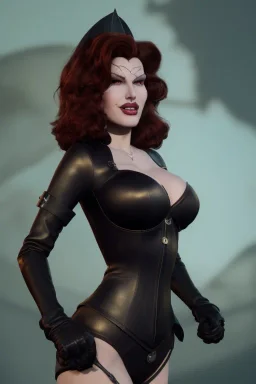 Rita Hayworth as evil queen in black leather, busty, cleavage, dominatrix, curvy, angry, stern look. character design by cory loftis, fenghua zhong, ryohei hase, ismail inceoglu and ruan jia. unreal engine 5, artistic lighting, highly detailed, photorealistic, fantasy