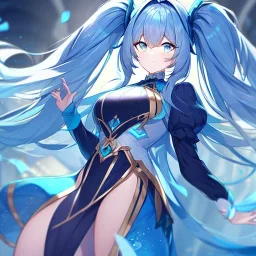 Clear focus, high resolution, cyan pigtails long fluffy hair, cyan eyes, wearing a Hastune Miku outfit