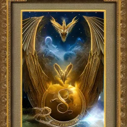 image framed with a thin border of celtic designs, story book cover format, A winged celestial dragon in flight above a forested mountain, against a background of brilliantly glittering stars, hd 4k, fine sharp detail