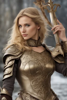 A beautiful woman with blond hair and green eyes. Knight, leather armor.