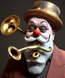 mechanoid old friendly fat clown with trimmed beard playing jazz with a steampunk theme, trumpet, salvador dali