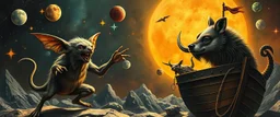 gremlin dog bison badger star ship captain dancing in the style of Rembrandt and Escher and Goa Trance Poster