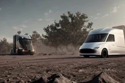 A Tesla 'Semi' (semi truck) is parked, at the lunar landing site of the 'Apollo 11'. (CINEMATIC, WIDE ANGLE LENS, PHOTO REAL)