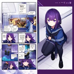 Clear focus,High resolution,High quality, A girl with long purple hair, Blue and purple eyes, wearing a sailor uniform, full body, Epic battle scene comic style