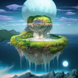 floating islands with waterfalls connecting each other whimsical surrealism, based on child's drawing, lsd trip, dream recording, deep - space imaging fantastical setting isometric view octane render, art by salvador dali, greg rutkowski studio ghibli