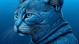 blue background, cat man, wool, fine drawing, high detail, 8K, tattoos,