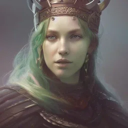 highly detailed portrait viking queen art, anime, delicate red hair, green glass steel armor, cinematic lighting, 4k, 8k, octane render, digital concept art, greg rutkowski, trending on artstation, pinterest, extremely detail, 8k, ambient lighting.