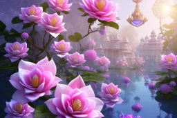 a magical crystal flower lys bougainvillier, blue gold house indian palace castle in the woods, magnolias pink,blue lake,sun,white swanns,pink vertical, blue lake,sharp, vines, candlelit, endor, ornate, elegant, highly detailed, artstation, concept art, smooth, sharp focus, illustration, 8k, splash art, wallpaper, key visual