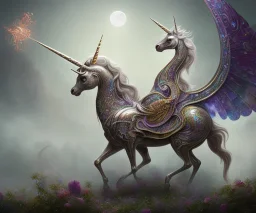 unicorn, surreal fantasy art, highly detailed, intricate color patterns on wings, soft studio lighting, background 64k