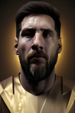 Realistic image, lionel Messi sculpture, white marble material with gold veins, gold laurel leaves crown, gold ornaments, Renaissance style, sun rays background, waist up portrait, epic, celestial, cinematic lighting, God lights, 4k resolution, smooth details, soft lighting, unreal engine 5, art station, substance 3d.