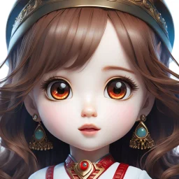 close-up headshot of a 4-year-old girl with long brown hair, (vibrant red eyes), cute, intricately detailed, masterpiece, anime chibi doll, 4k, kawaii