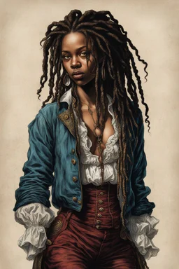 full body colored etching of a malevolent, predatory vampire buccaneer girl from the West Indies with highly detailed dreadlock hair and facial features ,in the style of Rembrandt, Gian Lorenzo Bernini, and Johannes Vermeer, with a fine art aesthetic, highly detailed , realistic , 4k UHD