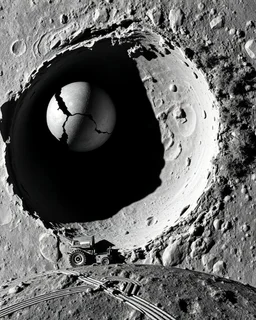 aerial lunar satellite image of a young impact crater with larger regolith along right ride. A damaged metallic alien sphere with fracture lines like an egg. organic growth across regolith and up crater walls. Along the lower frame edge a small modern bare-bones lunar-vehicle sits near the rim with visible wheel tracks. comic pencils