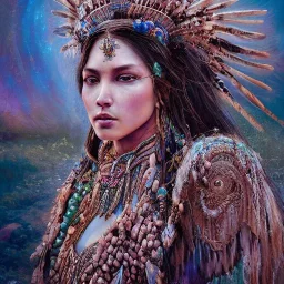 Insanely detailed photograph of an “portrait of gorgeous native american goddess ” with intricate hair, intricate embroidered dress, beautiful clear face and hyperdetailed painting by Ismail Inceoglu Huang Guangjian and Dan Witz CGSociety ZBrush Central fantasy art album cover art,8K, hdr, romantic, mysterious, ominous, flowers, jewelry, comfort, natural eyes, "arms open for embrace"