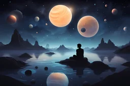 A serene nighttime scene with a silhouette of a person sitting under a starry sky, surrounded by floating planets and soothing waves of music.