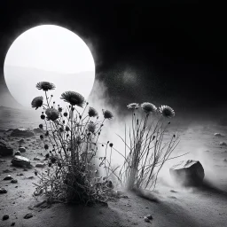 A striking quality photograph captures a wasteland, flowers, creepy, details of the dust very accentuated, glossy organic mass, adorned with minerals and rocks. Bathed in intense light, eerie, Max Ernst and Yves Tanguy style, black sun, fog, volumetric light, octane render