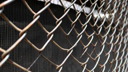 Steel mesh forming precise geometric barriers, chain-link fence creating rhythmic division of space, play of light and shadow through the metal pattern, details of rust and natural wear on galvanized surface, industrial abstract style