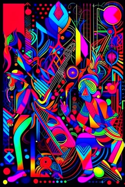 neons psychedelic jazz musicians with geometrical patterns and neon colors