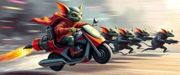hi speed rocket ship on leaning scooter in a swing, coated gremlin captain in high speed pursuit among neon rat cyber soldiers, with background motion blur, airbrush and pen outline