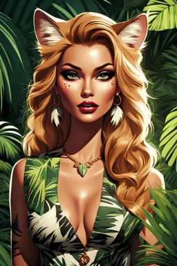 An animation of a beautiful jungle cat, she's a model, beautiful hair and makeup, stylish, front view, comic style