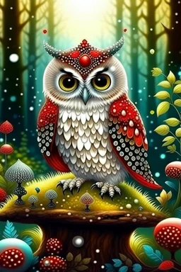 a beautiful funny owl, glittering jewels, sitting on a mushroom with red and white dots, in the forest