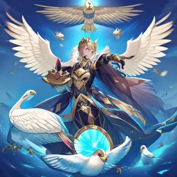 A battle suit made of galaxies and stars with a glove that has seven endless stones,A god-like man with infinite power who owns the galaxies,God-like man with infinite power who owns the galaxies and wears a beautiful crown, a jewel of diamonds and galaxies with weapons riding on a creature with an eagle head and eagle wings and eagle hands