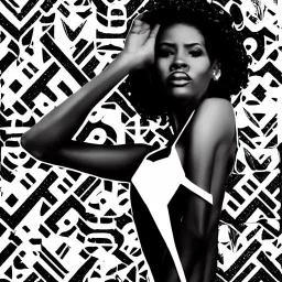 **Black Woman Full Body, African symbolism, Photo shoot, high fashion, collage of fashion magazine pages cut outs, black and white, UHD, photo realistic**