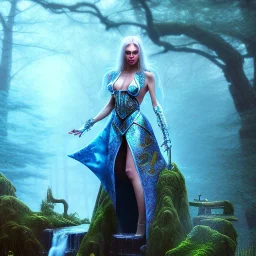 crazy detail, magical forest background, waterfall, blue but cloudy skies,the upper body of grand sleazy lady in robes and gloves,stone table, lively eyes,hidden hands, framed by foliage, runes, warm light, holding up scroll