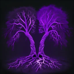 two trees with roots connected purple dark neon