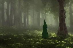 green robed elf in forest facing away, highly detailed, 8k, atmospheric lighting, trending on artstation