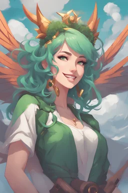 concept art of a beautiful smiling woman with green hair, by Krenz Cushart, clouds, detailed digital artwork, illustrative, key visual, highly detailed, cinematic composition, free, liberation, holy light, majestic, magical, devil wings, pointy dog ears, high contrast,