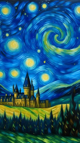 la noche estrellada de van gogh con el castillo de hogwarts de fondo