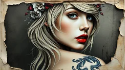 old canvas with worn torn folded edges and holes, cracks, heavily grained, broken lens effect, Iris wreath portrait Blonde woman, red lips, back tattoo, Alcohol ink, Hyperdetail, Anna Razumovskaya, Anna Dittmann, Luis Royo