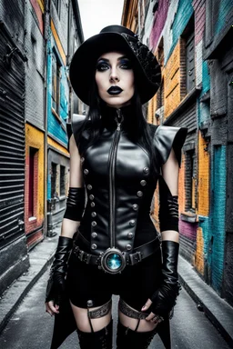 top view from a grey-black colors goth girl in (futuristic cyber-steampunk black leather cloth) and black boots looking up into the camera, in background colorful street detail, detalied, cinematic, Selective Color Art