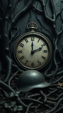 An old clock in the background of black vein, human veins, mixing together a lot of them, like a forest, big and small veins a lot of them, an army helmet from WW2
